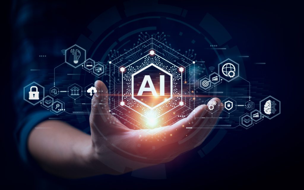 businessman touching the brain working of artificial intelligence ai automation predictive analytics