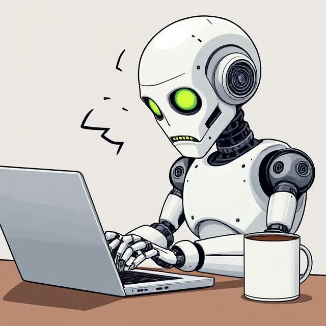 Optimizing Workplace Efficiency: Effective Workflow Automation Strategies with AI 3 robot writing at laptop with coffee mug robot is stressed