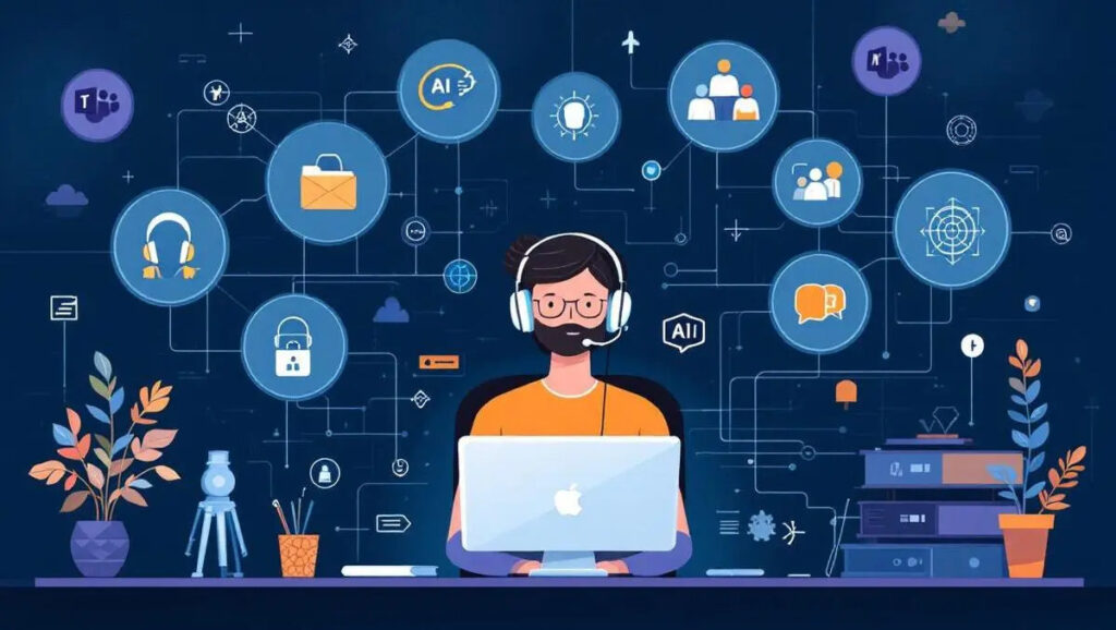 compatible customer service agent computer workflow automation ai icons office environment