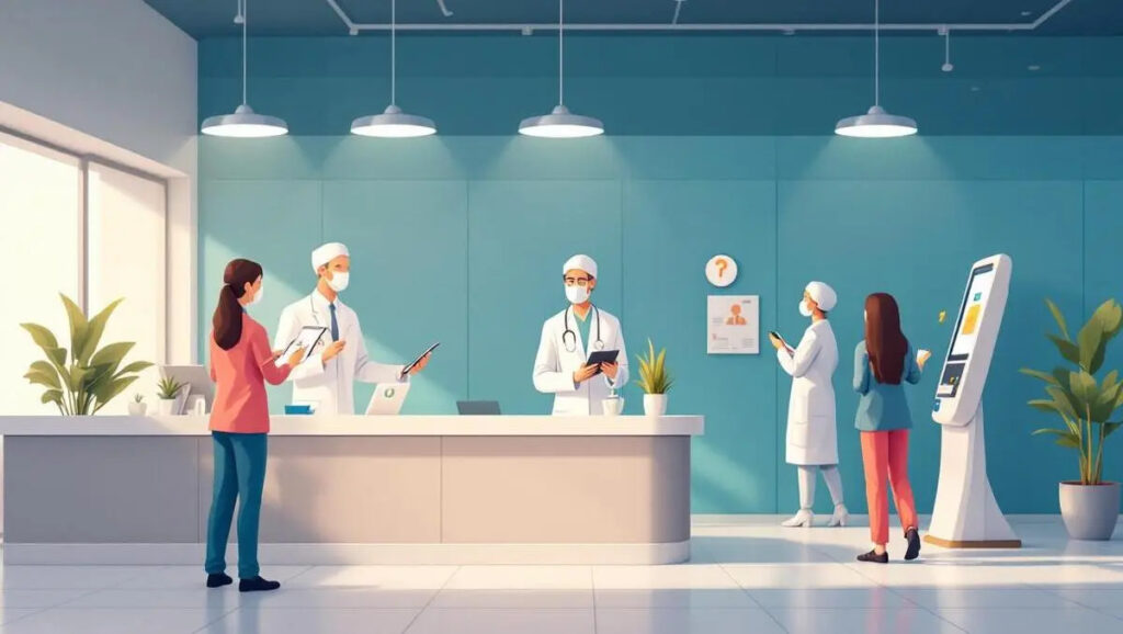 compatible realistic illustration medical professionals digital tablets computers modern clinic rece