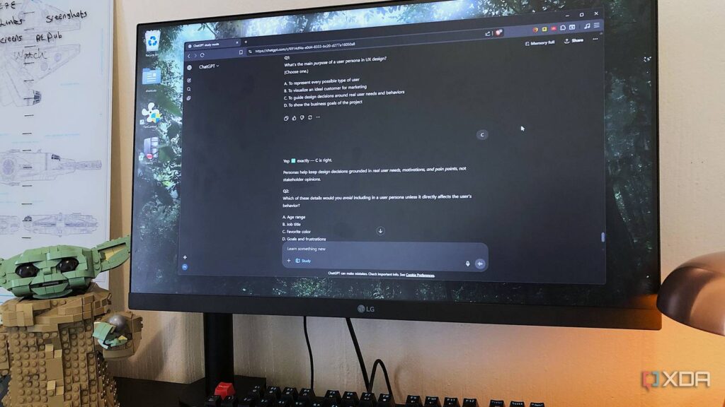 chatgpt study mode on desktop pc lego and lamp in view