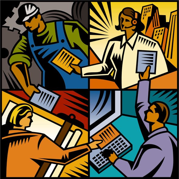 77385132 an illustration of communication between employees in various departments